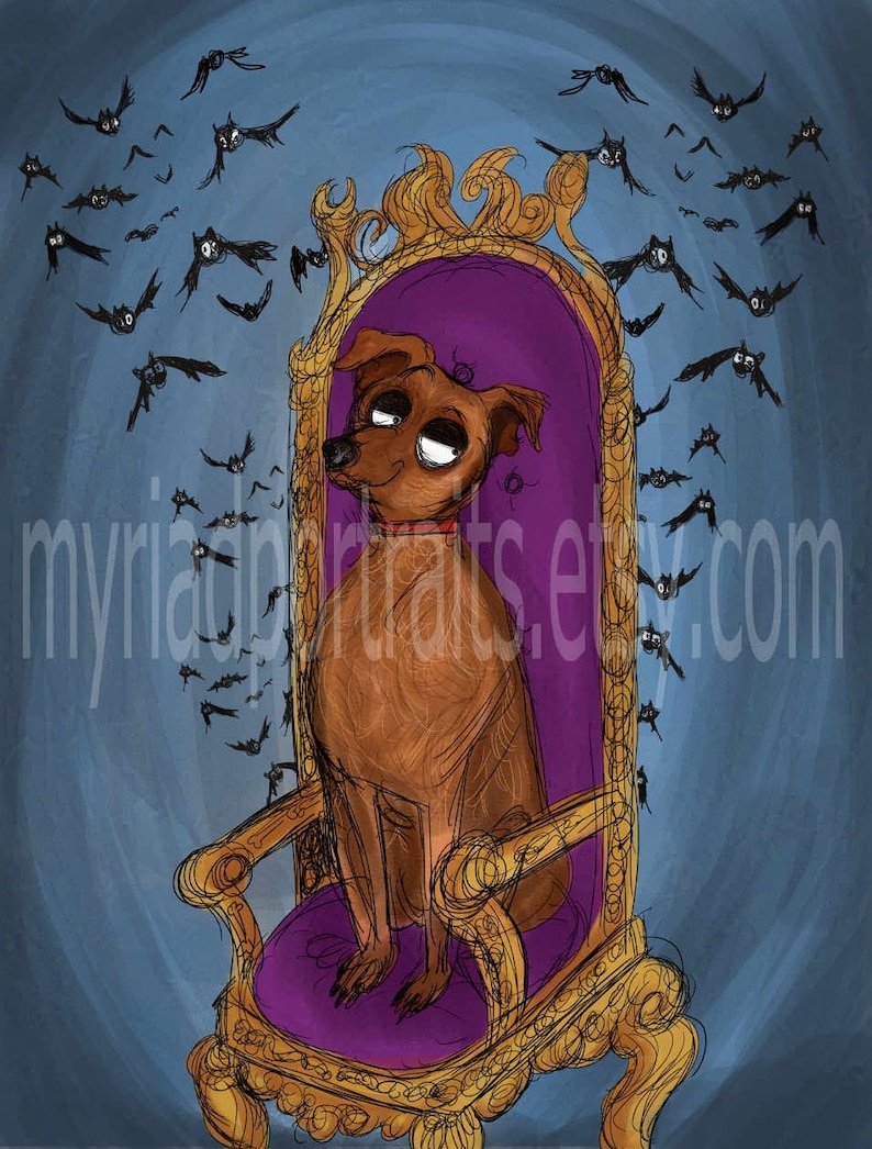 May include: Illustration of a brown dog seated on a purple throne with gold trim, surrounded by cartoon bats against a blue background. The dog has a smug expression. The Etsy shop name is visible.