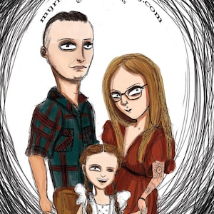 Pu&ograve; includere: Un'illustrazione digitale di un ritratto di famiglia. Un uomo con capelli corti castani, una donna con capelli lunghi castani e una bambina con capelli lunghi castani si tengono per mano. L'uomo indossa una camicia a quadri, la donna indossa un vestito rosso e la bambina indossa un vestito bianco. Lo sfondo &egrave; un motivo a spirale bianco e nero.