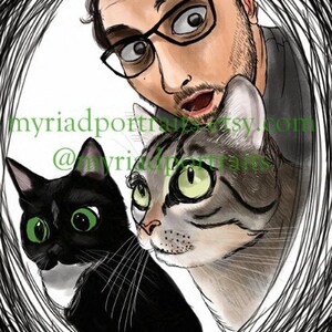 May include: A digital illustration of a person with glasses and two cats. The person is looking at the camera with a surprised expression. The cats are looking at the person. The background is a black and white swirl.