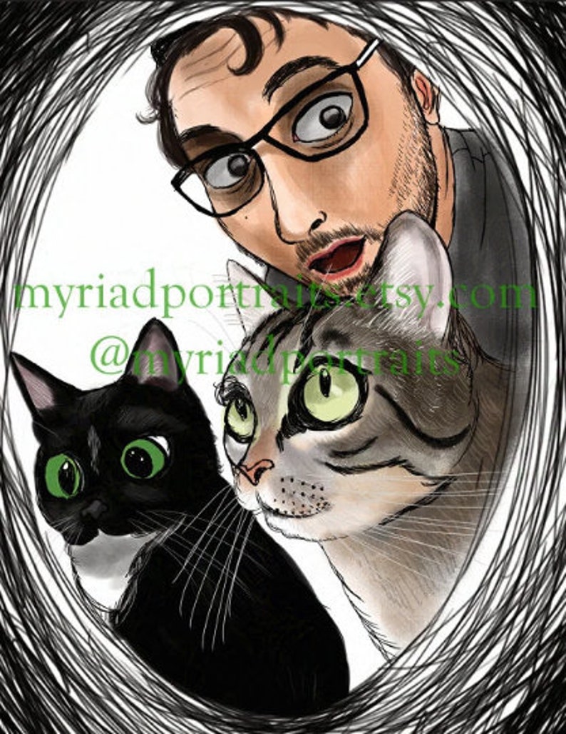 May include: A digital illustration of a person with glasses and two cats. The person is looking at the camera with a surprised expression. The cats are looking at the person. The background is a black and white swirl.