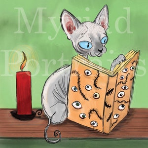 May include: Illustration of a hairless cat with blue eyes reading a book with eyes on the cover. A red candle burns beside the cat. The background is green, and the text "Myrid Portraits" is visible.