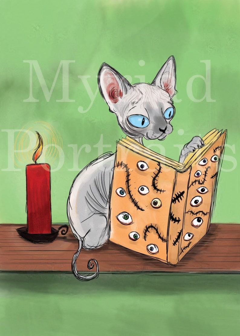 May include: Illustration of a hairless cat with blue eyes reading a book with eyes on the cover. A red candle burns beside the cat. The background is green, and the text "Myrid Portraits" is visible.