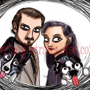 Puede incluir: Una ilustraci&oacute;n digital de una pareja con sus dos perros. La pareja est&aacute; dibujada en un estilo de dibujos animados con rasgos exagerados. El hombre tiene el pelo casta&ntilde;o y barba, y la mujer tiene el pelo morado. Los perros son ambos blanco y negro y est&aacute;n dibujados en un estilo m&aacute;s realista. El fondo es un remolino blanco y negro.