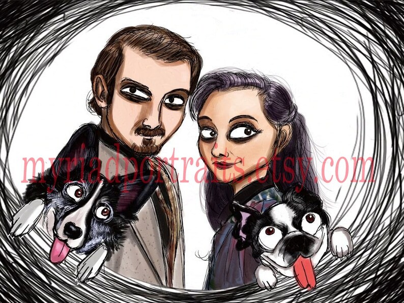 Puede incluir: Una ilustraci&oacute;n digital de una pareja con sus dos perros. La pareja est&aacute; dibujada en un estilo de dibujos animados con rasgos exagerados. El hombre tiene el pelo casta&ntilde;o y barba, y la mujer tiene el pelo morado. Los perros son ambos blanco y negro y est&aacute;n dibujados en un estilo m&aacute;s realista. El fondo es un remolino blanco y negro.