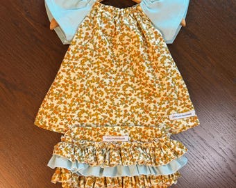 Baby Girls Two Piece Ruffle Bloomers/Nappy Cover and Seaside Blouse top Size 1 Pink Floral Outfit OOAK Vintage Fabric