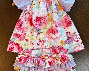 Baby Girls Two Piece Ruffle Bloomers/Nappy Cover and Seaside Blouse top Size 1 Pink Floral Outfit