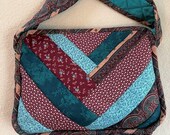 Patchwork Quilt Shoulder Bag Cloth Purse w Wide Comfort Strap, Three Zipper Pockets, Maroon Teal-Green Cotton Fabric, Vintage Handmade