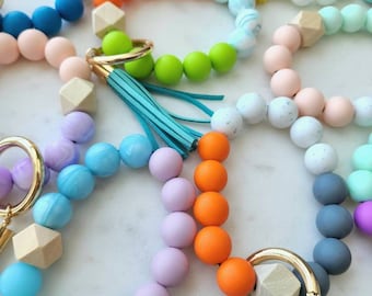 Handmade Wristlet  Silicone Beaded Keychain| Wristlet Keychain Beaded| Bangle Keychain| Cute Gift for Teen, Women, etc