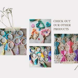 May include: A collection of keychains and wristlets in various colors, including blue, pink, and yellow. Some have beaded designs, tassels, and heart-shaped accents. The text "CHECK OUT OUR OTHER PRODUCTS" is also visible.