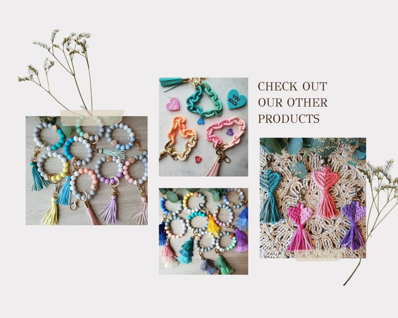 May include: A collection of keychains and wristlets in various colors, including blue, pink, and yellow. Some have beaded designs, tassels, and heart-shaped accents. The text "CHECK OUT OUR OTHER PRODUCTS" is also visible.