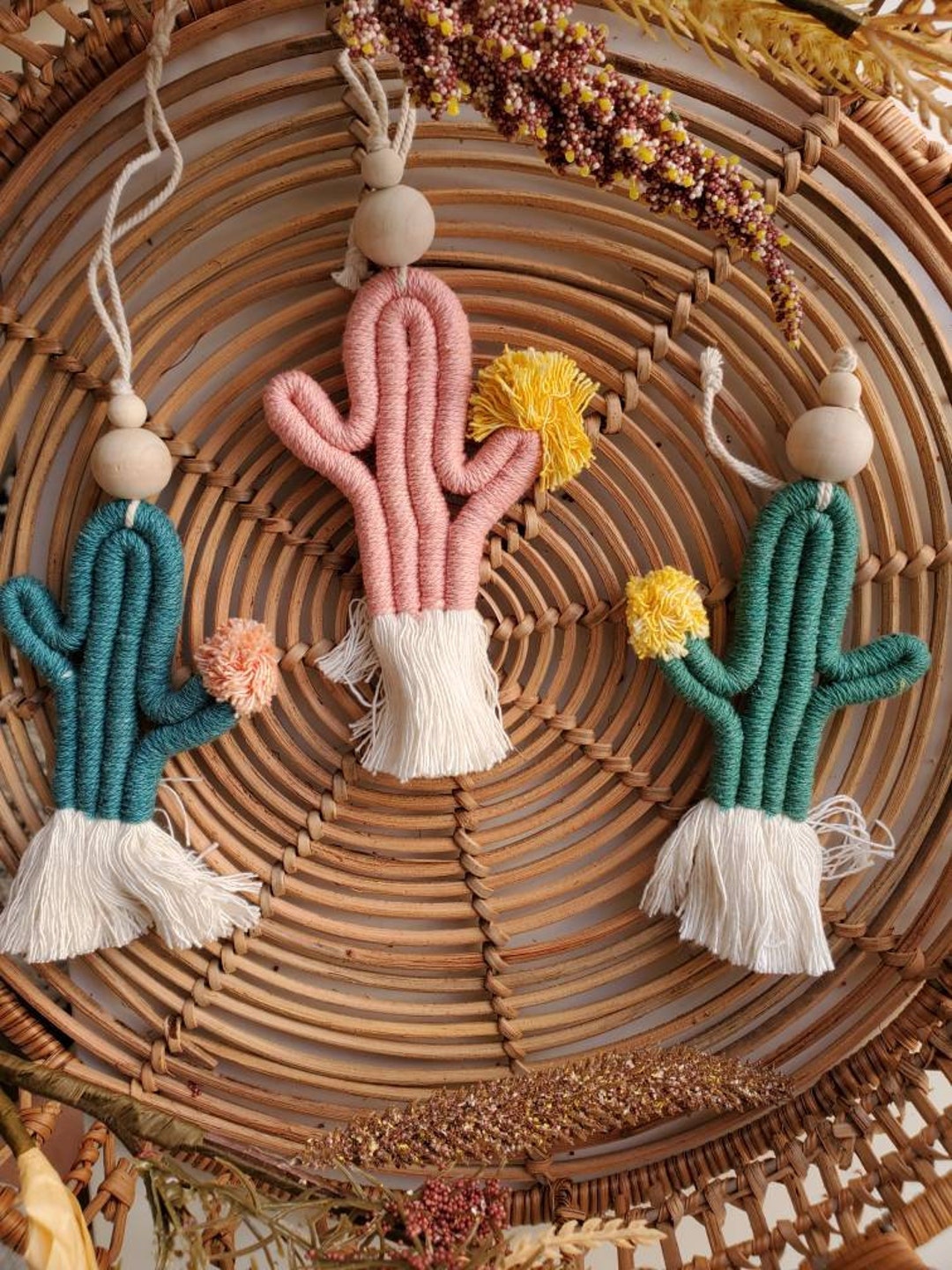 Handmade Macrame Cactus Hanging Rearview Mirror Hanging Macramecactus