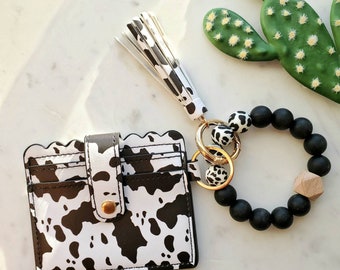 Cow Print beaded Wristlet keychain| Cow Print Silicone Bead Bangle keychain|Cow print accessories|Boho gift| Cow Lover Gifts| Women Wallet|