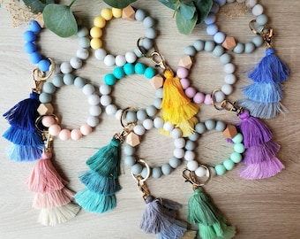 Handmade Bangle Keychain w Tassel| Beaded Wristlet Keychain| Bohemia Gift Ideas| Bohemia Keychain| Cute Bag Charm| Gift For Her, Teen, etc..