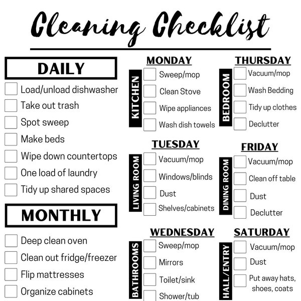 Daily, weekly, monthly cleaning checklist | Schedule | To-Do List | Check off Clean Routine | Instant Digital Download |Home house chores