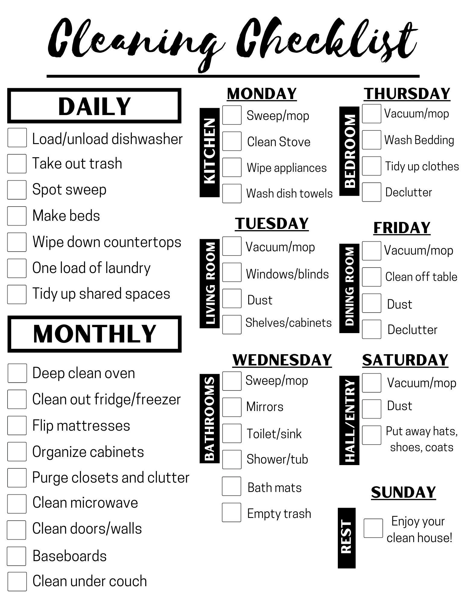 Daily Weekly Monthly Cleaning Checklist Schedule To Do List Check Off Clean Routine Instant