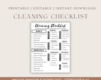 FULLY EDITABLE Daily, weekly, monthly cleaning checklist CUSTOMIZABLE | Schedule | To-Do List | Check off Clean Routine | Home house chores
