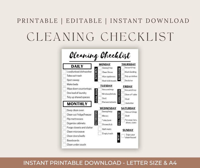 FULLY EDITABLE Daily, Weekly, Monthly Cleaning Checklist CUSTOMIZABLE ...