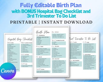 Fully Editable Birth Plan with BONUS Hospital Bag Checklist and Third Trimester To Do List, Printable birth plan labor plan, baby bundle
