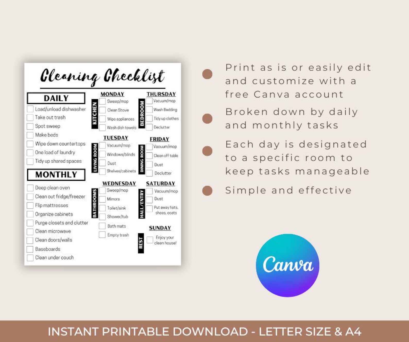 FULLY EDITABLE Daily, Weekly, Monthly Cleaning Checklist CUSTOMIZABLE ...
