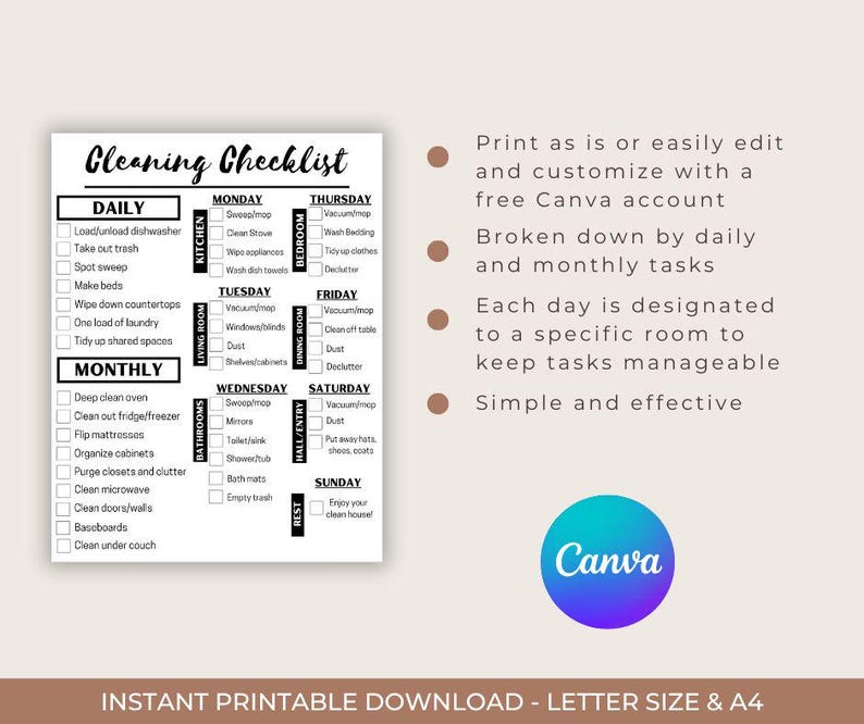 FULLY EDITABLE Daily, Weekly, Monthly Cleaning Checklist CUSTOMIZABLE ...