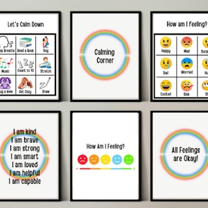 Conjunto de 6 descargas digitales imprimibles de Rincón Calmante / Tabla de sentimientos de emociones / Carteles de estrategias de calma / Niños pequeños y niños Montessori