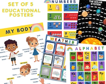 Set of 5 Educational Posters, Montessori Classroom Decor, Homeschool Prints, Alphabet Chart, ABC, Body, Solar System, Toddler Room Decor
