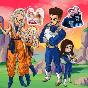 DBZ  Family Portrait | Anime Caricature | Couple Illustration | Cartoon Family Drawing | Father's Anniversary Birthday Father's Day Gift