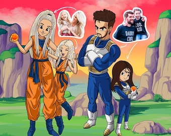 DBZ  Family Portrait | Anime Caricature | Couple Illustration | Cartoon Family Drawing | Father's Anniversary Birthday Father's Day Gift