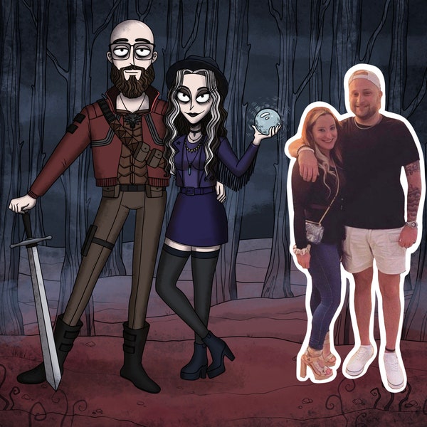 Portrait d'Halloween Tim Burton | Caricature familiale en dessin animé | Illustration de couple | Dessin animé | Cadeau d'anniversaire pour la fête des pères