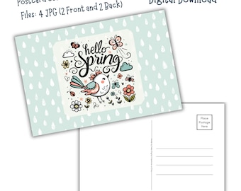 Hello Spring Bird - Printable 4x6 and 5x7 Postcards - Digital Download