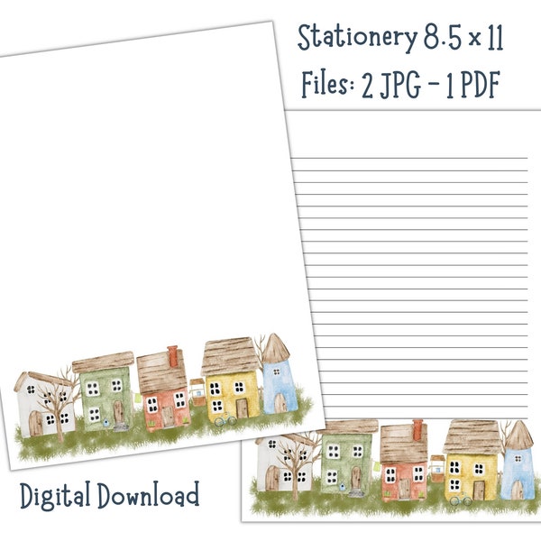 Town/Houses Street/Printable Stationery/Digital Download/US Letter 8.5x11/Printable Paper/Digital Lined Paper/Writing Paper