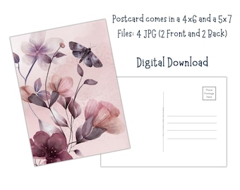 Pink Floral Butterfly - Printable 4x6 and 5x7 Postcards - Digital Download