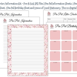 Puede incluir: Hojas de información para amigos por correspondencia, rastreador de cartas y calendario de cumpleaños imprimibles. Las hojas presentan un diseño floral rosa y blanco sobre un fondo rosa. El texto en las hojas es negro.