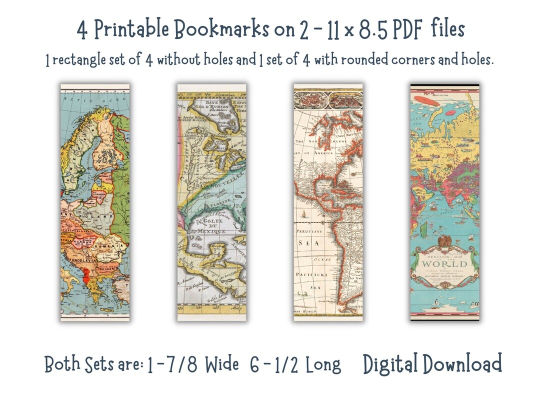 Bookmarks Set of 4 Maps Printable PDF Digital Download Instant Download ...