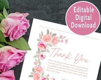 Thank you card Template,pink rosesThank you Note, Flowers thank you card Printable, INSTANT DOWNLOAD, 100% Editable Text, 5x5in,Wedding
