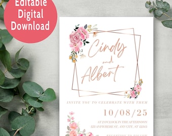 Minimalist Wedding Invitation Template, Download, Pink roses, Picture, Printable, 100% Editable, Create Your Own Card, Custom Traditional