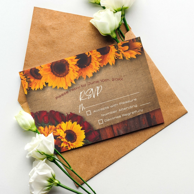 May include: A rustic brown RSVP card with a burlap background and sunflower and rose floral design. The text on the card reads "Please reply by June 10th, 20XX RSVP". There are three checkboxes with the text "Accepts with Pleasure", "Number Attending", and "Declines Regretfully".