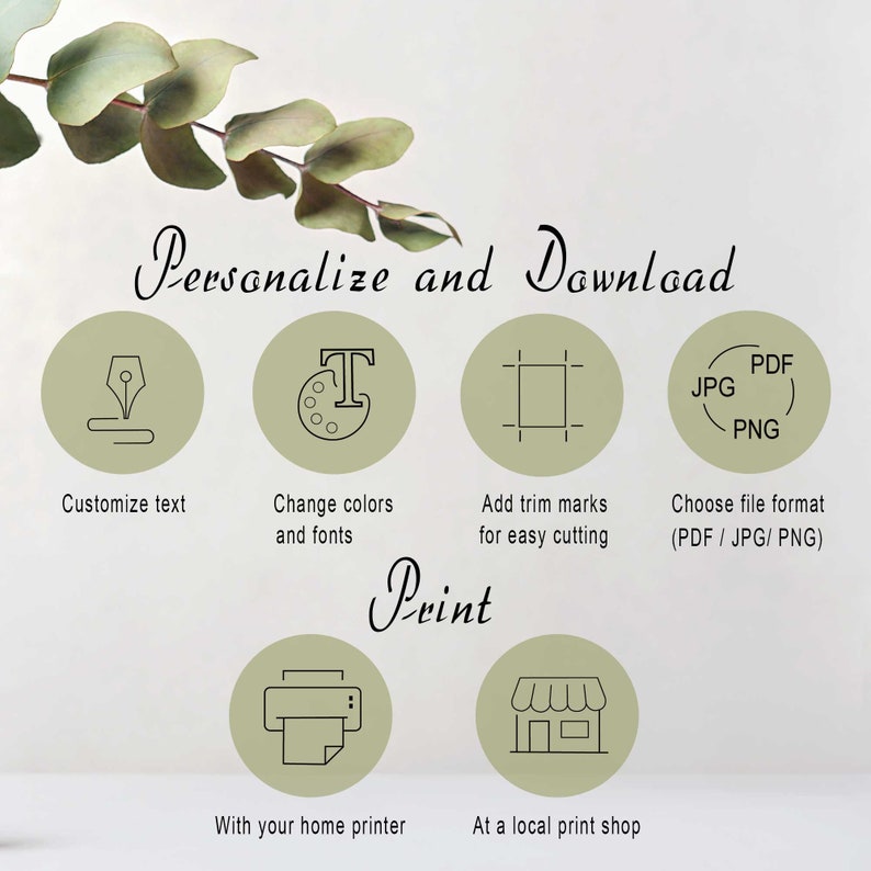 May include: A graphic showing the steps to personalize and download a printable design. The steps include customizing text, changing colors and fonts, adding trim marks, and choosing a file format. The graphic also shows two options for printing: with a home printer or at a local print shop.