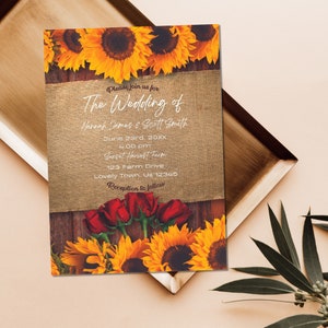 May include: Rustic wedding invitation with sunflowers and burlap. The text reads "Please join us for The Wedding of Hannah James & Scott Smith June 23rd, 20XX 4:00 pm Sunset Harvest Farm 123 Farm Drive Lovely Town, US 12345 Reception to follow"