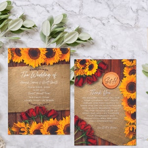 May include: A wedding invitation with a rustic theme. The invitation features sunflowers and burlap with the text "Please join us for The Wedding of Hannah James & Scott Smith" and the date and time of the wedding. The thank you card features sunflowers, red roses, and burlap with the text "Thank You" and the couple's initials.