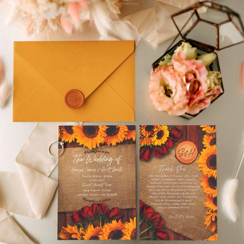 May include: A rustic wedding invitation with sunflowers and burlap. The invitation reads "Please join us for The Wedding of" followed by the couple's names, date, time, and location. The thank you card features a wooden background with sunflowers, red roses, and burlap. The text reads "Thank You" followed by a message of gratitude.