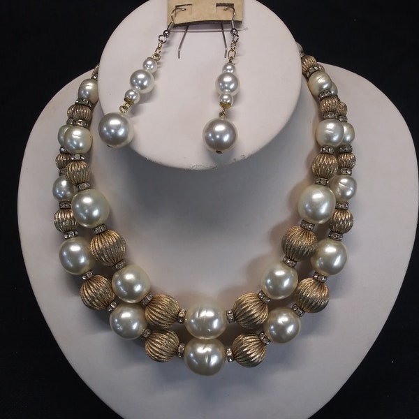 Vendome Double Strand Faux Pearl Necklace W/10kt Gold Plated Beads - SIGNED W/Pair Earrings