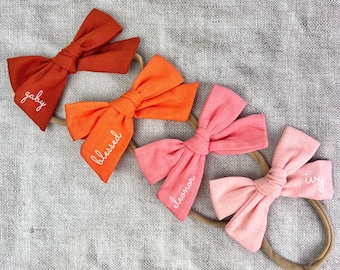 Personalized Linen Baby Bow: Custom Name Nylon Headband