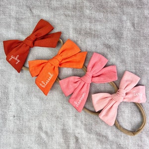 Linen baby bows | Personalized baby linen headband bow | custom name bow | newborn nylon headbands| Bow headbands baby | name on infant bow