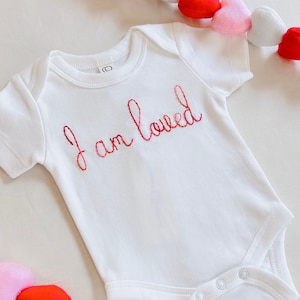 Organic Custom Hand-embroidered Bodysuit for Baby Personalized Valentine Baby Gift Newborn Name Announcement Going Home Love Baby Outfit image 1