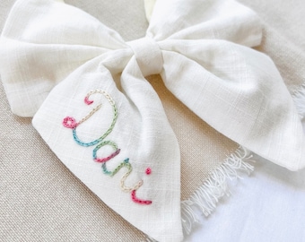 Hand embroidered name bow, custom hair bow for girls, personalized hairbows for babies, hand stitched name bow, linen bow and name, monogram