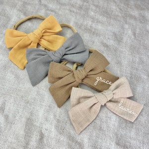 Linen baby bows | Personalized baby linen headband bow | custom name bow | newborn nylon headbands| Bow headbands baby | name on infant bow