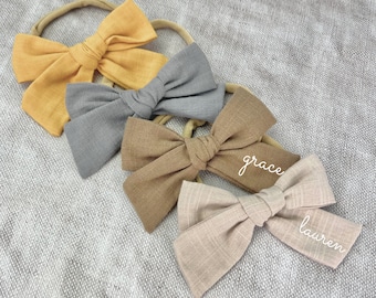 Personalized Linen Baby Bow: Custom Name Nylon Headband