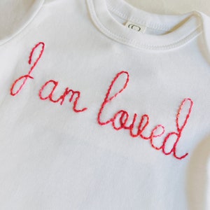 Organic Custom Hand-embroidered Bodysuit for Baby Personalized Valentine Baby Gift Newborn Name Announcement Going Home Love Baby Outfit image 3