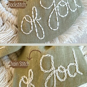 May include: Close-up of two fabric samples with the word "good" embroidered in white thread. The top sample shows the word "good" stitched with a backstitch, while the bottom sample shows the word "good" stitched with a chain stitch.